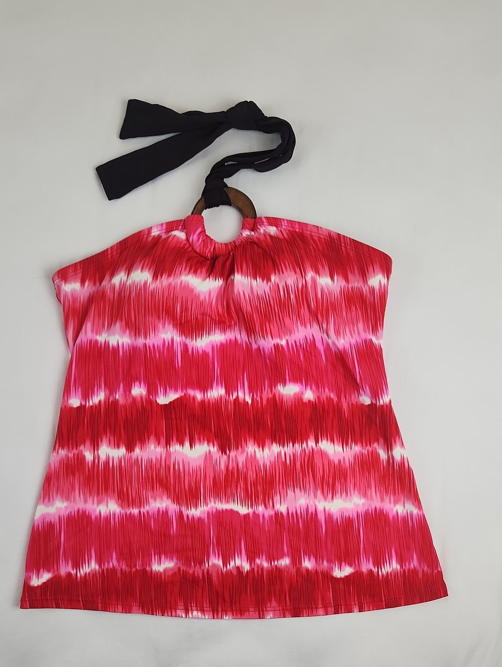 Women’s Pink Red Tie-Dye Halter Swim Top with Wooden Ring